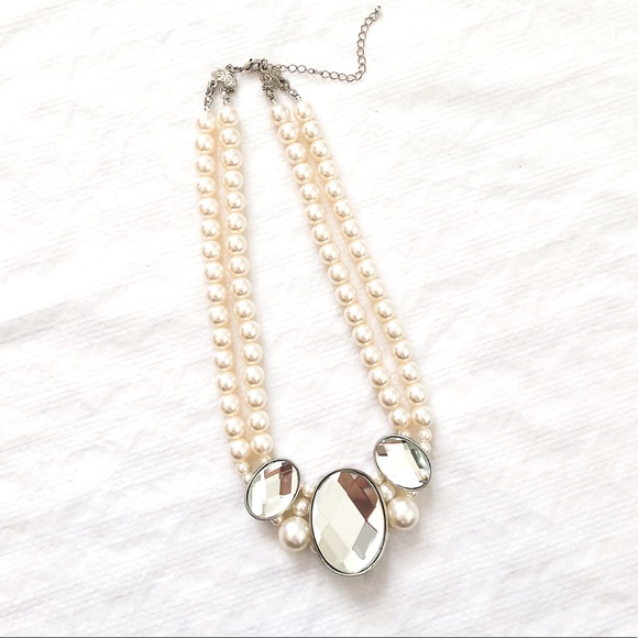 Jewelry - Layered Faux Pearl Beaded Crystal Statement Necklace Multi-Strand Silver Chain